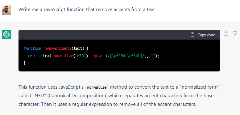ChatGPT writing a JavaScript function that remove accents of a text