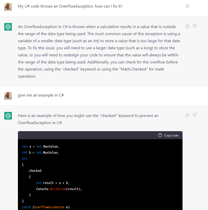 ChatGPT shows how to fix the OverflowException