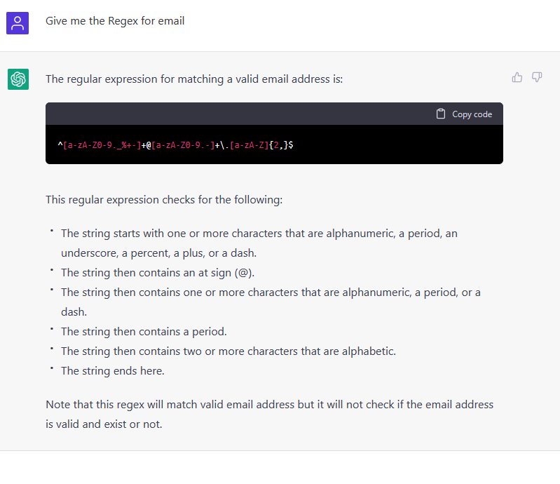 ChatGPT provide the Regex for validating an email