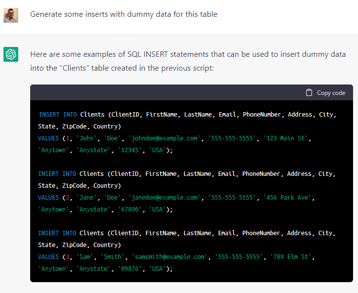 ChatGPT generating insert with dummy data