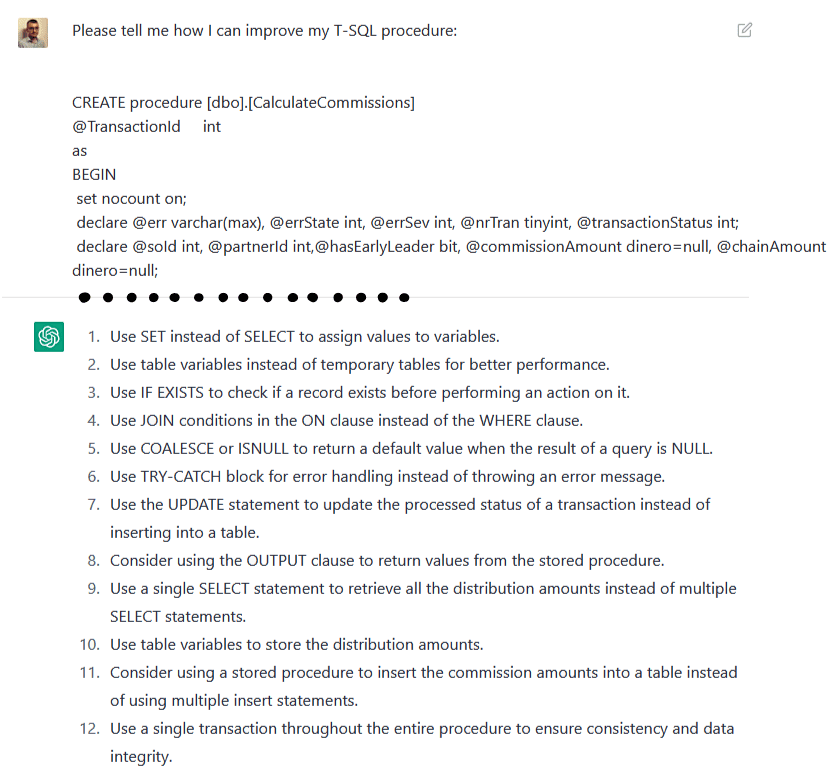 ChatGPT improving a SQL Procedure